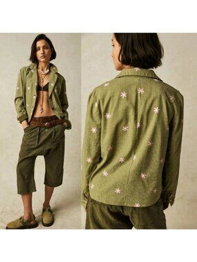 Free People We The Free Cali Printed Blazer Green White Floral XS NWT